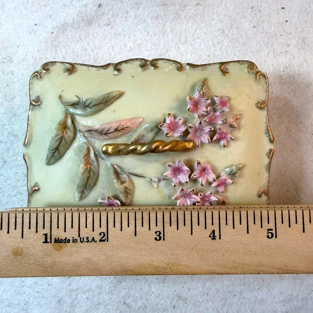 Vintage Porcelain Trinket Box 3D Floral Gold Trim Cream Pink Cottagecore Decor